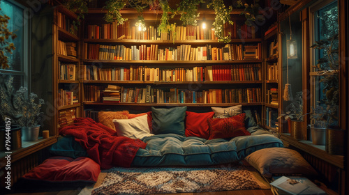 A cozy reading nook adorned with plush cushions and warm lighting, where every book on the shelf seems to beckon you into its own captivating world.