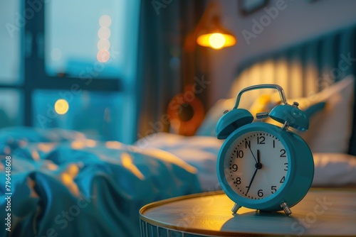 An alarm clock on a table near a bed in a bedroom.