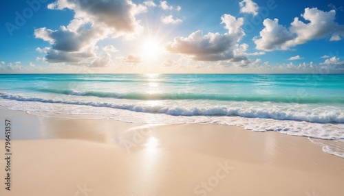 Sunset over the ocean, with waves gently lapping at the shore and a golden sky dotted with clouds. Wide-angle shot of a tranquil beach with white foam on the shore, vivid turquoise waters. 