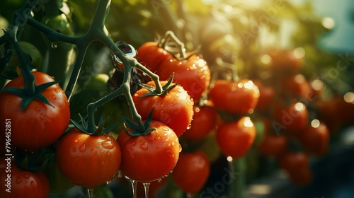 b'Close-up of ripe tomatoes growing in a greenhouse'