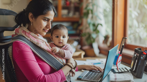 Young woman carrying little baby and working on laptop from home