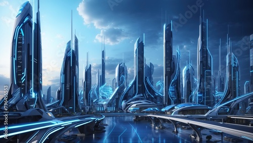 The image shows a futuristic city with tall buildings and blue lights.
