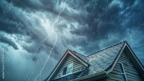 厳しい自然に晒される家、大雨と雷に打たれる屋根 