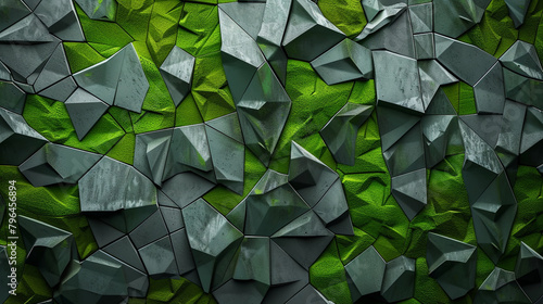 Muted moss green and slate gray with irregular polygons.