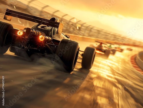 Capture the adrenaline-filled scene of a roaring motorsport event from a dynamic low-angle perspective Zoom in on the intense racing action