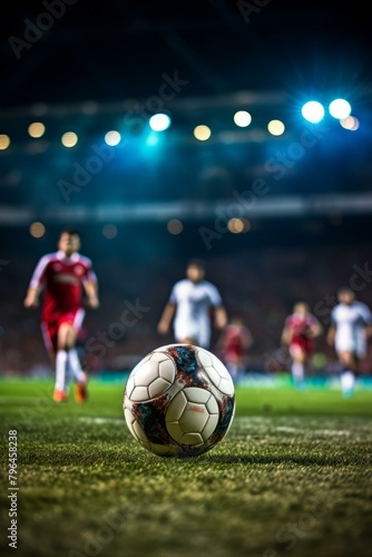 b'Close up of a soccer ball on grass with blurred soccer players in the background'