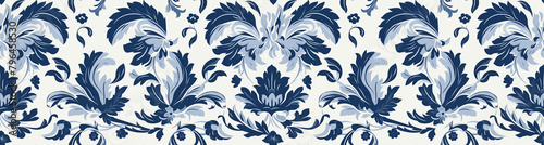 A seamless pattern with a classic blue and white floral damask design.