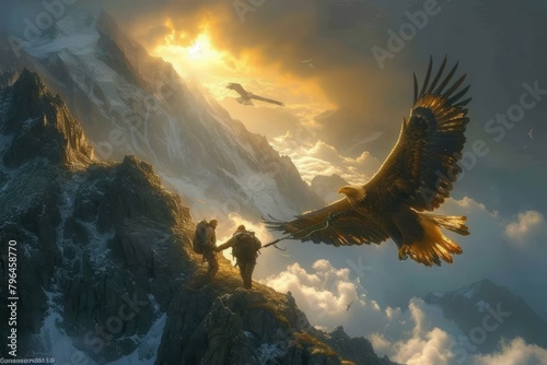 b'Two men on a mountaintop with an eagle flying above them'