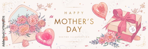 Mother's day horizontal vector wallpaper, bilboard, web banner or greeting card with hand drawn gift box, envelope, flowers and helium balloons on white background