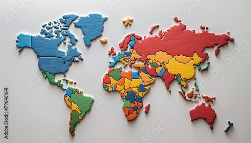Colorful world map jigsaw puzzle unfinished on white background, vibrant and detailed