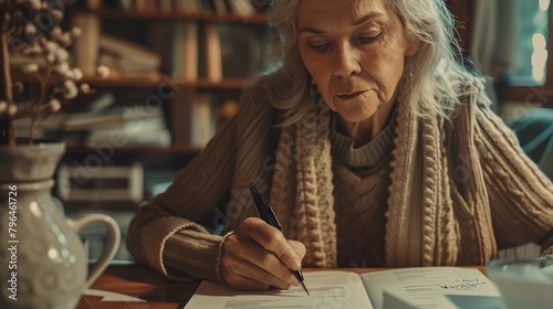 50 years old woman handwriting a will on paper