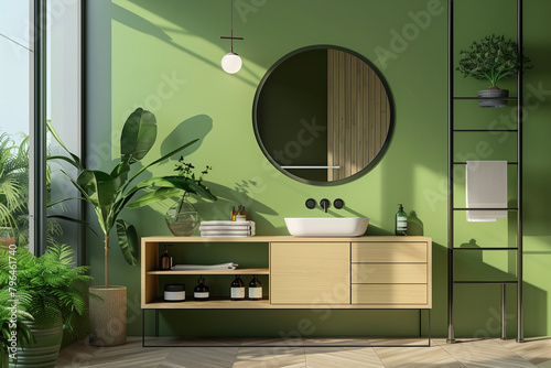 Modern bathroom interior with sink, mirror with green wall