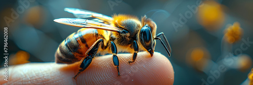 close up of a bee on a flower, Honey bee on man's finger 