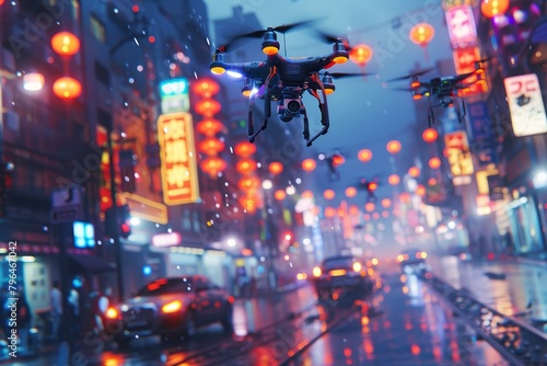 A futuristic-looking drone hovering in mid-air against a backdrop of urban skyscrapers.