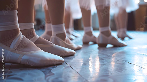 A row of ballet dancers stand in pointe shoes, preparing for a performance, showcasing discipline and elegance. 