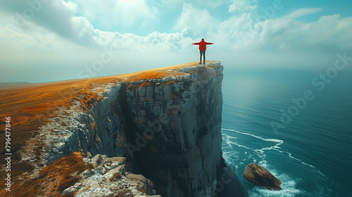 Person standing on cliff overlooking ocean. Generative AI