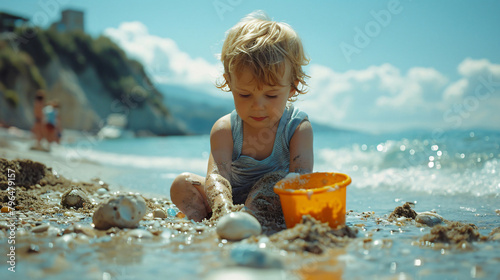 Little boy happily playing with sand on the seashore during an idyllic summer day at the beach.