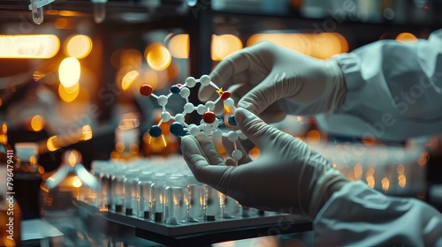 Close-up of scientists hands conducting drug synthesis experiment, molecular model and copy space