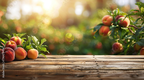 Ripe peach harvest And Empty wooden table with rural background.