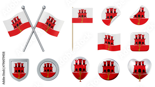 Set of objects with flag of Gibraltar isolated on transparent background. 3D rendering