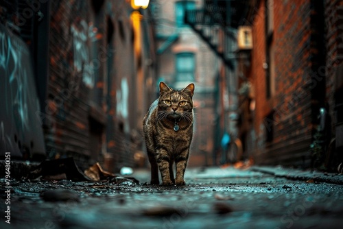 Magazine photography style, capturing the adventurous spirit of cats roaming urban streets and alleys, with detailed backdrops of city life