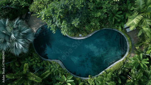  A serene aerial shot capturing the beauty of a secluded swimming pool tucked away amidst lush vegetation, its tranquil waters inviting relaxation and escape, all portrayed in exquisite detail with hi
