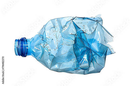 Blue plastic bottle crumpled, isolated on white, clipping path