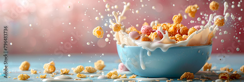 A bowl of cereal is splashed with milk, A bowl of cereal with milk pouring into it 