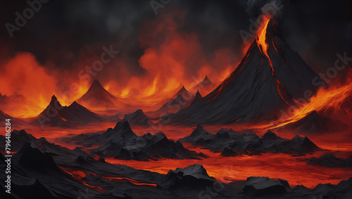 Abstract compositions inspired by the fiery glow of molten lava, featuring vibrant shades of volcanic orange, magma red, lava yellow, and obsidian black against a backdrop ULTRA HD 8K