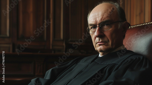 .A close-up presenting the solemn and determined expression of a judge seated in his chair