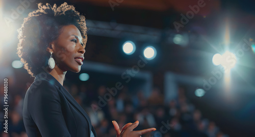 Inspirational African American woman captivates her audience at professional conference, her expression passionate as she speaks. The spotlight and blurred audience background emphasize her charizma
