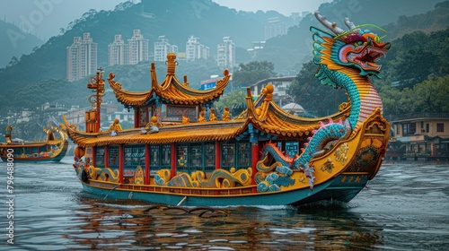 Majestic Dragon Boat Gliding on Water. Generative AI