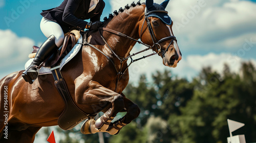 Dynamic Equestrian Jumping Competition at Olympics: Horse and Rider in Action. Generative AI.