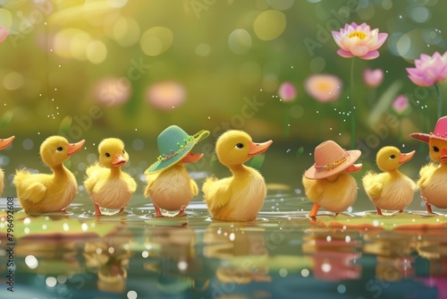 A parade of pastelcolored ducklings waddles joyfully along a sparkling pond, each with a tiny, colorful hat, following the rhythm of lily pads bobbing in the water, cartoon concept