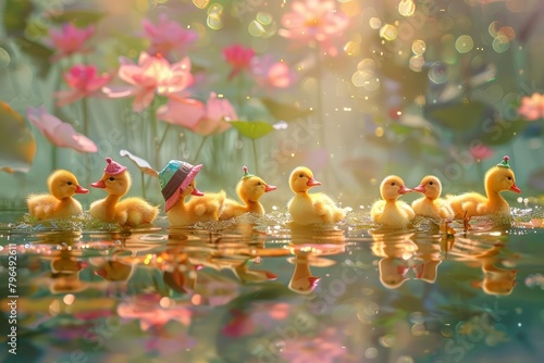 A parade of pastelcolored ducklings waddles joyfully along a sparkling pond, each with a tiny, colorful hat, following the rhythm of lily pads bobbing in the water, cartoon concept