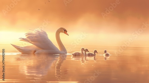 A serene swan glides gracefully across a misty lake at dawn, tiny cygnets in tow, each mimicking their mothers elegant moves, cartoon concept