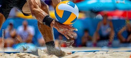 Beach volleyball player s agile block at the net, showcasing precision and timing in summer olympics