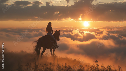 Sylwetka kobiety na koniu podczas wschodu słońca