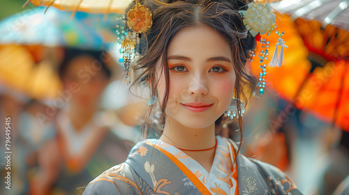 A beautiful woman stands at the Sanno Matsuri Festival in Tokyo, Japan, wearing a beautiful traditional kimono with colorful motifs, Ai Generated Images