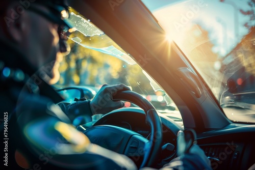 Striking image of a driver's hand confidently navigating a car with sunlight streaming in through the window