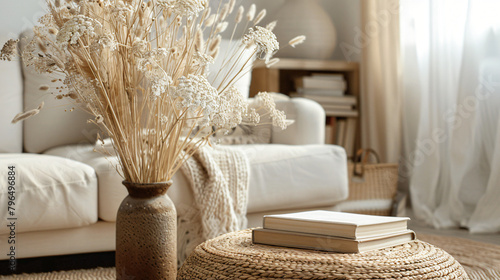 Vase with dry reeds flowers and books on rattan pouf 