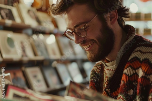 A man in a cozy knitted sweater meticulously scans bins filled with records, immersed in the rhythms of music history