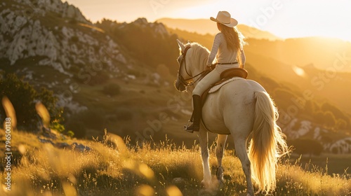 Kobieta w kapeluszu jadąca na koniu na zielonym górzystym terenie