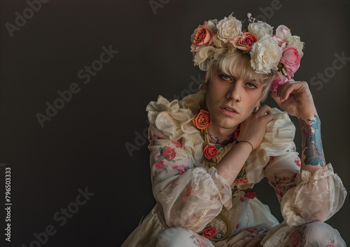 Trans model. Fashion, social issues, gay pride, transphobia, homophobia, androgenity, artistic portrait. Intense gaze, courage, transformation, man dressed as a woman, crossplayer, lgbtq+.