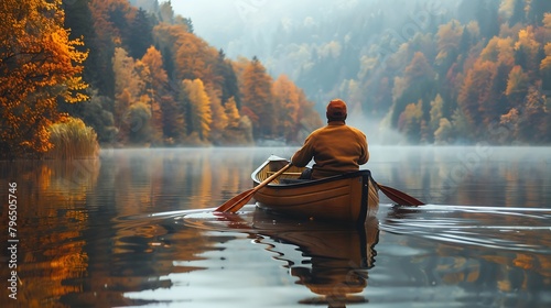 Man in an old wooden canoe rowing on the calm lake with autumn foliage