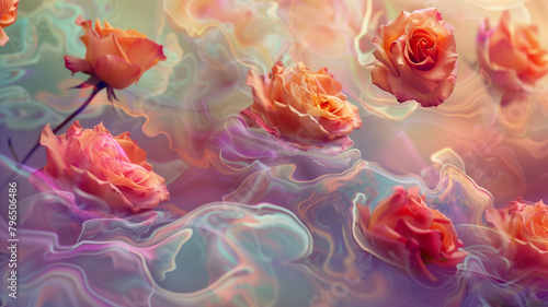 A surrealistic composition featuring floating red roses against a backdrop of swirling colors. Ai generated