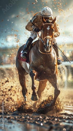 A jockey is riding a horse in a muddy field
