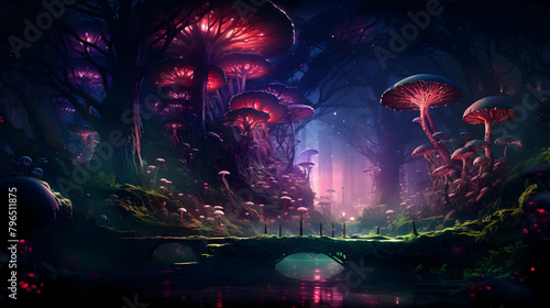 Magical forest with a spectacular display of floating fantasy mushrooms