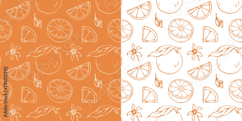 Outline orange vector seamless pattern. Hand drawn ink line sketch style citrus fruits and blossoms endless background for packaging and wrapping paper.