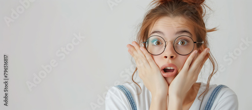 Young woman with glasses holding her cheeks in shock, her mouth open, against a plain background.